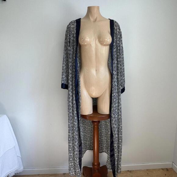 Vintage Women's One Size Blue Geometric Maxi Open Front Long Duster Cardigan - Picture 3 of 11